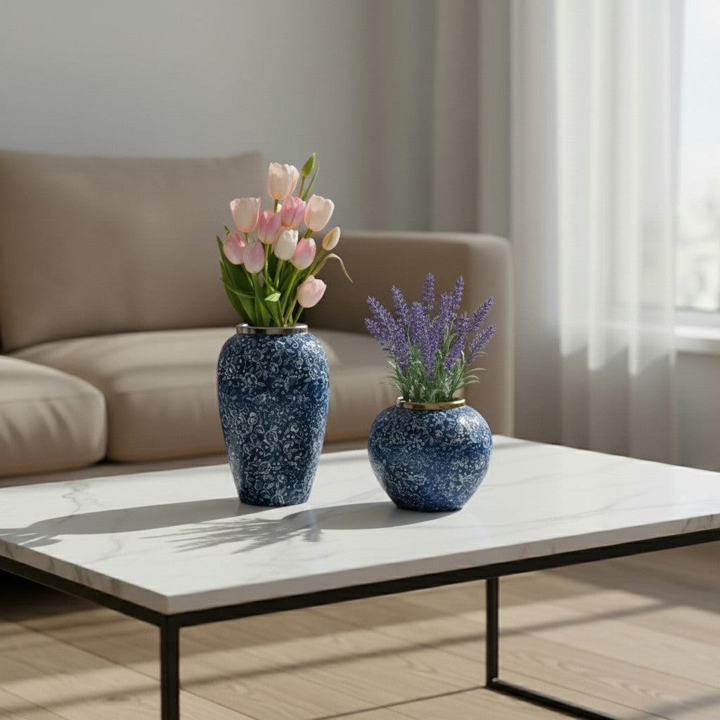 SOGA Home & Living Bundle – Blue with White Mini Floral Ceramic Vases for Elegant Home Decor-1