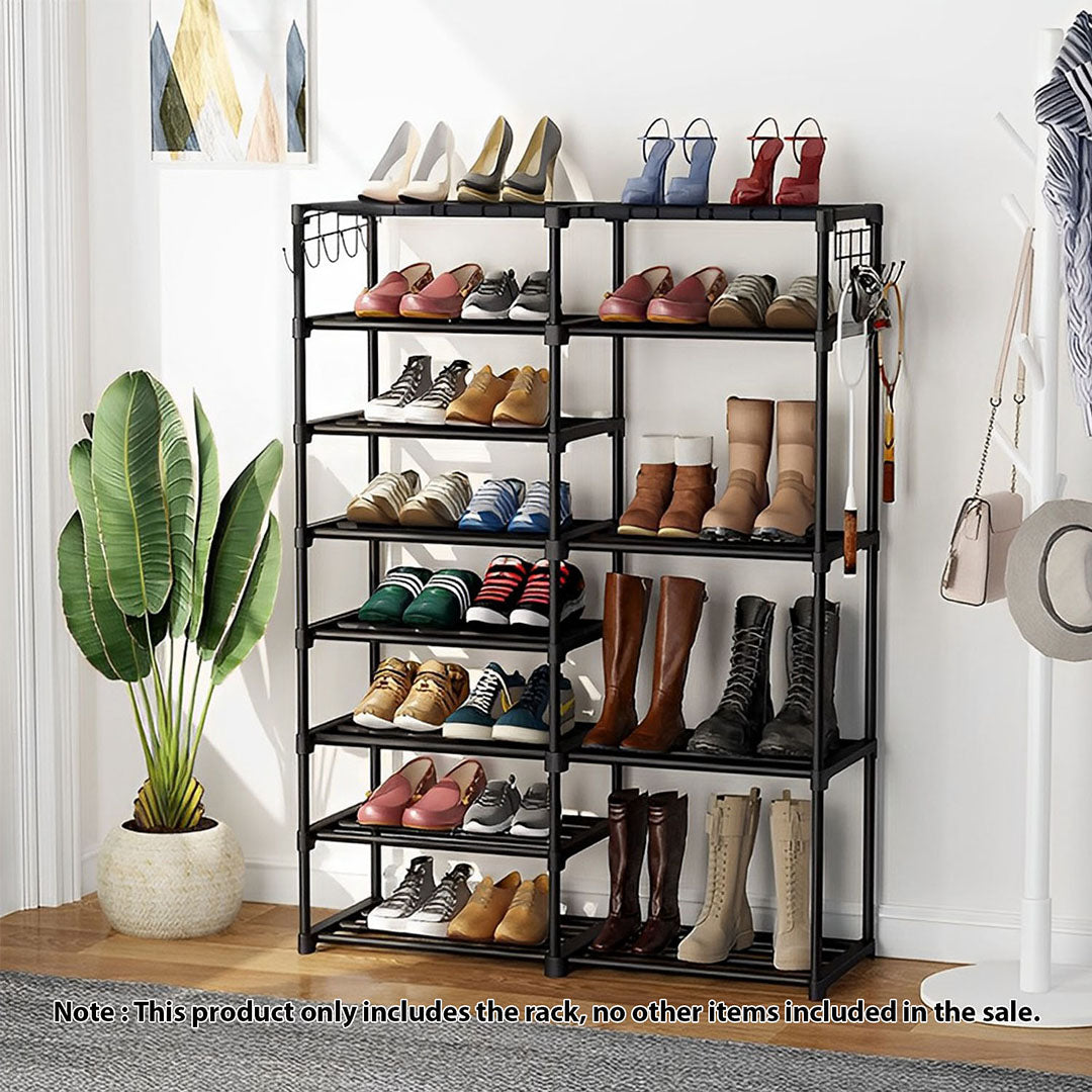 SOGA 12-Shelf Tier Shoe Storage Shelf Space-Saving Caddy Rack Organiser with Side Hooks Black-1