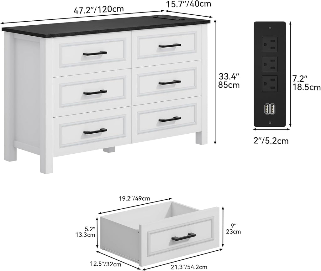 6 Drawer Dresser With Built In Power Outlet White And Black-2