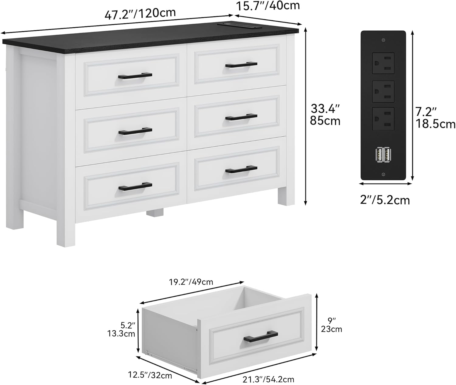 6 Drawer Dresser With Built In Power Outlet White And Black-2