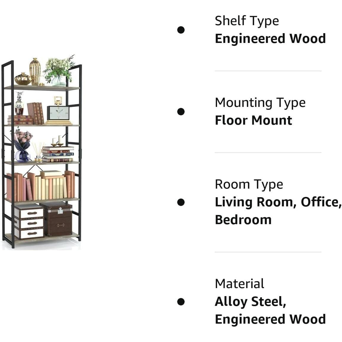 Grey Five Tier Bookshelf for Home Office and Living Room-1