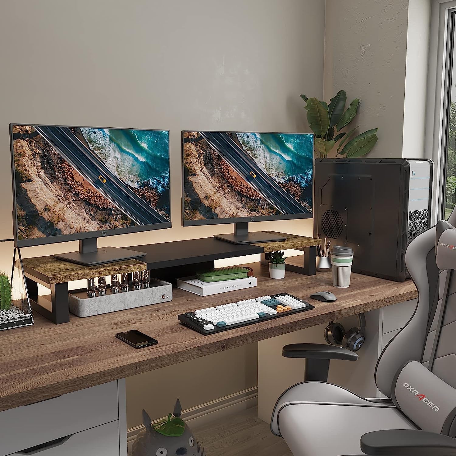 Dual Monitor Stand Riser Wood And Steel For Two Monitors-4