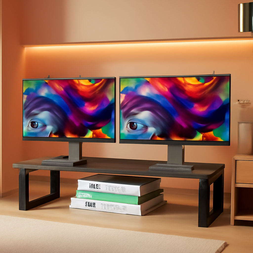 Dual Monitor Stand Riser Wood And Steel For Two Monitors-0