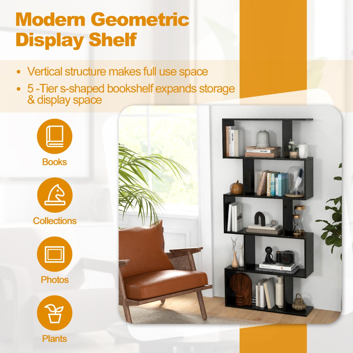 NNECW Geometric S-Shaped Bookcase with Anti-Toppling Device for Living Room/ Home/ Office-2