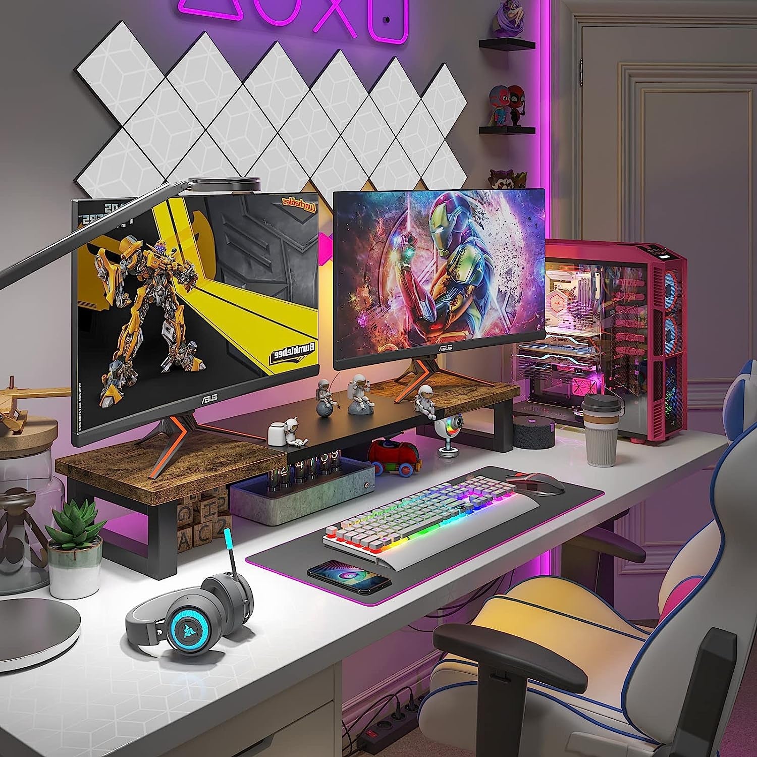 Dual Monitor Stand Riser Wood And Steel For Two Monitors-2